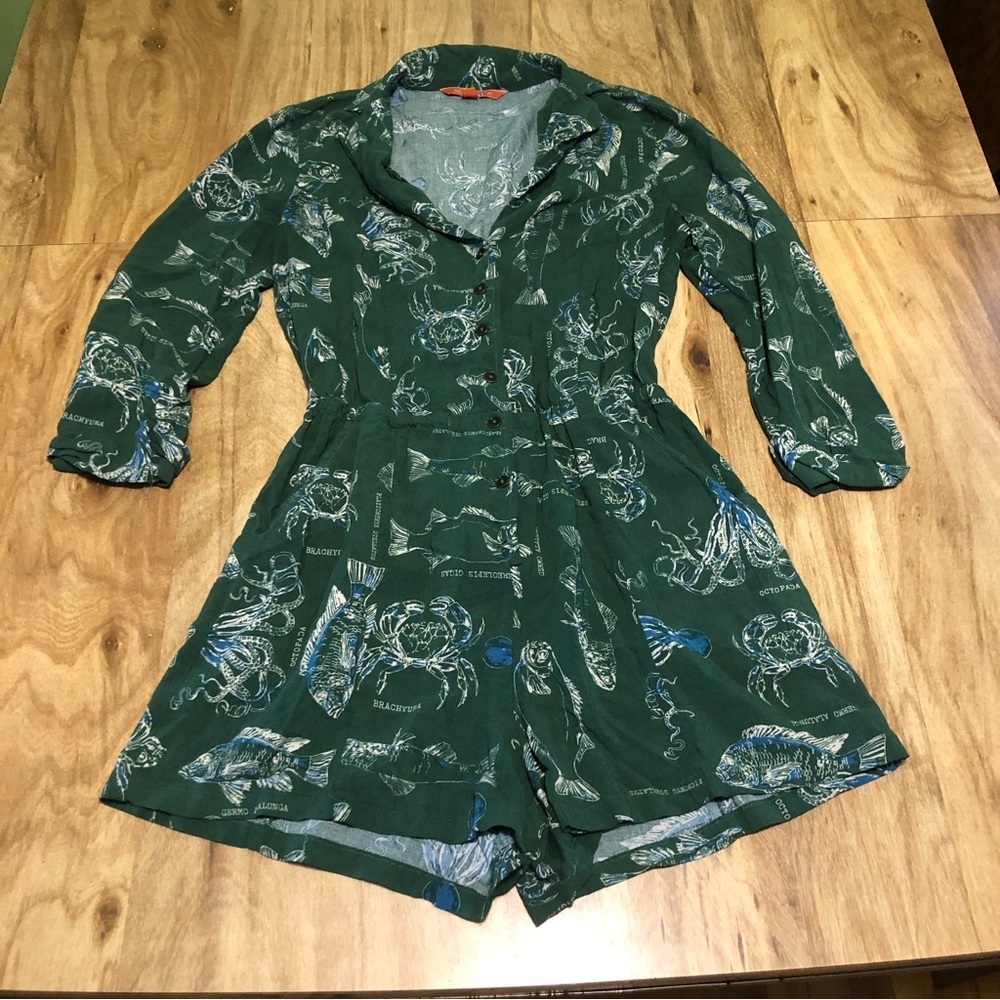 3/$40 ModCloth Green Sea Animals Fish Nautical Short One Piece Romper Womens XS